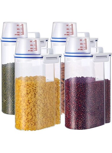 Storage Bin 4 Pcs Cereal Containers Dispenser with Measuring Cup Plastic Storage Containers with Lids Kitchen Storage Bin Rice Holder Container Food Container Sets for Flour Cereal 2.5 L