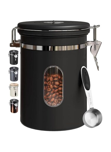 Ankila 1800ml Coffee Canister with Window, Airtight Stainless Steel Kitchen Food Storage Container with Date Tracker and Scoop for Grounds Coffee, Beans, Tea, Flour, Cereal, Sugar