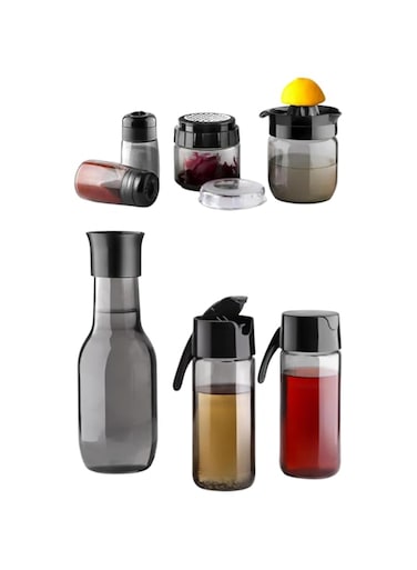 7 Pieces Glass Kitchen Set, 2 Salt &amp; Pepper Shakers 100 ml, 1 Grinder 300 ml, 1 Lemon Juicer 400 ml, 1 Carafe or water Jug 1 Litre, 2 Oil &amp; Vinegar Dispensers 500 ml