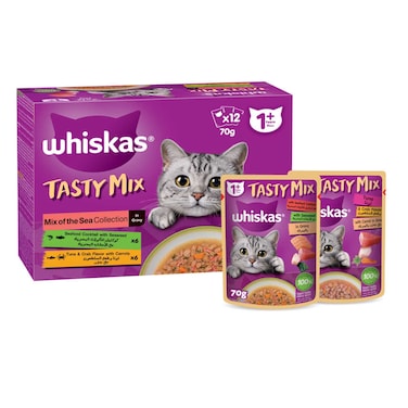 Whiskas Tasty Mix, Mix of the Sea Collection in Gravy,  Wet Cat Food, Pack of 12x70g