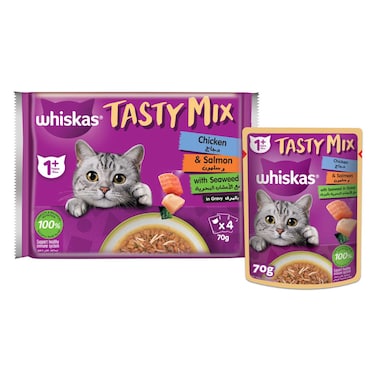 Whiskas Tasty Mix Wet Cat Food, Chicken and Salmon with Seaweed in Gravy, Pack of 4x70g