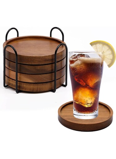 4-Piece Wood Drink Coasters Set, Absorbent Wooden Coasters with Holder, Natural Table Protection Pads for Coffee Tables, Office Desks, Home Bar, Farmhouse Decor, Rustic Beverage Mats