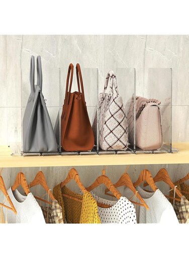 Veximind Purse &amp; Bag Organizer for Closet: 1-Pack Adjustable Clear Handbag Storage Shelf - Plastic Clutch Dividers   Minimal   Keep Purses upright (1-Pack:5 Dividers)