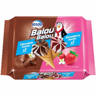 Igloo Balou Balou Chocolate and Vanilla Ice Cream Cone with Balou Balou Strawberry and Vanilla Ice Cream Cone, 120ml Pack of 4