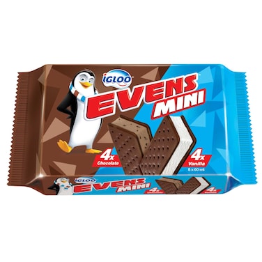 Igloo Evens Mini Chocolate Sandwich Ice Cream and Evens Mini Vanilla Sandwich Ice Cream, 65ml Pack of 6