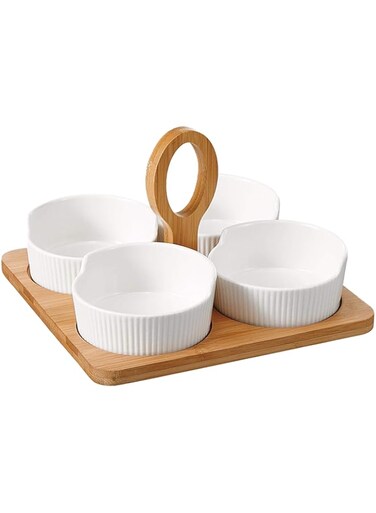 Shallow Porcelain 4 Pieces Boat Dish Set With Bamboo Base &amp; Handle Ym61012C