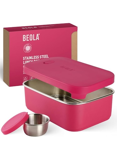 BEOLA Stainless Steel Lunch Box, 18/8 BPS free Bento Box Steel Food Container with sauce cup, Meal Prep containers, Kids School Lunch box, Tiffin box, 900ml (1pc pack, Raspberry)