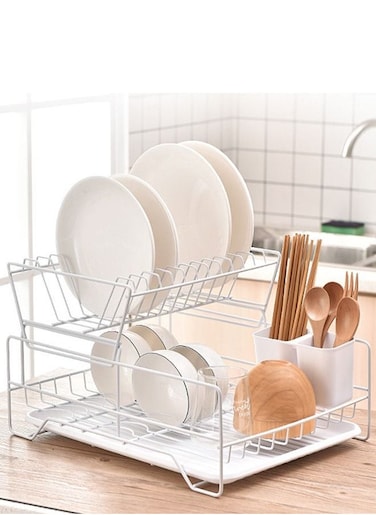 2 Layer Tier Kitchen Over The Sink Accessories Dish Organizer Storage Rack Plate Holder With Drip Tray