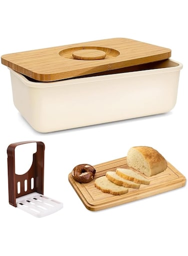 . Bread Box, Rectangular Bread Container with Bamboo Wood Cutting Board Lid &amp; Bread Slicer Holder, Bread Storage Container for Kitchen Countertop, 37.5 * 21 * 14cm
