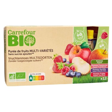 Carrefour Bio Organic Apple, Strawberry and Raspberry Fruit Compote, 90g, Pack of 12