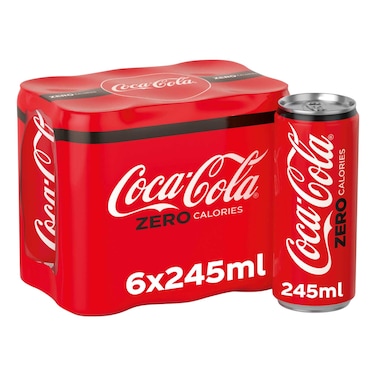 Coca-Cola Zero Calories Carbonated Soft Drink Can, 245ml Pack of 6