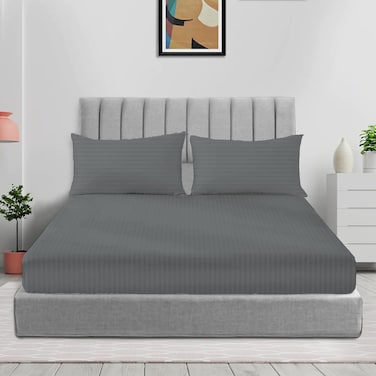 3pcs Fitted Bedsheet Set, 200x220cm, Deep Pocket (15&ndash;35cm), Striped Hotel Bed Sheet Set, Grey Super King