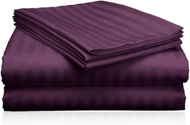 3pcs Fitted Bedsheet Set, 100x200cm, Deep Pocket (15&ndash;35cm), Striped Hotel Bed Sheet Set, Purple Single