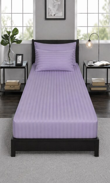 3pcs Fitted Bedsheet Set, 100x200cm, Deep Pocket (15&ndash;35cm), Striped Hotel Bed Sheet Set, Lilac Single