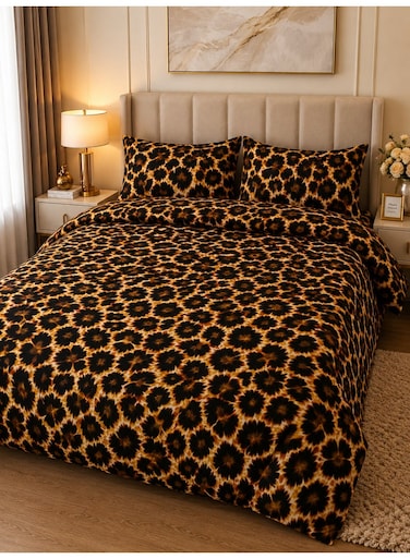 4-Piece Printed Cotton Bedding Set King Size, 1 Fitted Sheet, 1 Duvet Cover &amp; 2 Pillow Cases, 100% Cotton 125 GSM, Soft &amp; Breathable