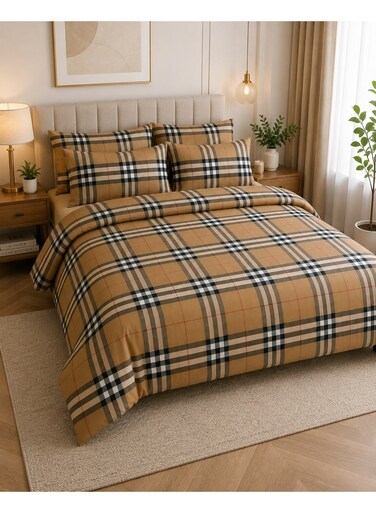 6-Piece Printed Cotton Bedding Set King Size, 1 Fitted Sheet, 1 Duvet Cover &amp; 4 Pillow Cases, 100% Cotton 125 GSM, Soft &amp; Breathable