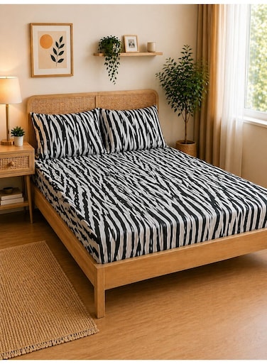 Eworld 3-Piece Fitted Bedsheet Set Single Size, Zebra Print, 100% Cotton 125 GSM, 1 Fitted Sheet + 2 Pillowcases