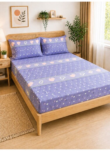 Eworld 3-Piece Fitted Bedsheet Set King Size, Heart Pattern, 100% Cotton 125 GSM, 1 Fitted Sheet + 2 Pillowcases