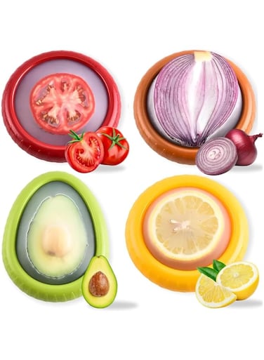 BIGTHREE Silicone Fruit Storage Box, 4 Pieces Reusable Fruit Storage Containers for Fridge, Half Cut Fruit Containers, Food Huggers for Vegetable, Tomato Holder, Lemon Fresh Stretch Pods Keeper