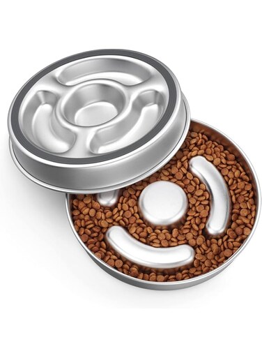 Slow Feeder Dog Bowl Stainless Steel, 2 Cups Metal Non-Slip Dog Food Bowls, Dog Water Bowl for Small &amp; Medium Sized Dogs, Fun Bloat Stop Pet Bowl for Fast Eaters, Slows Down Pets Eating