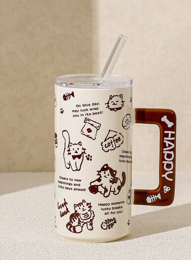 Cute Pet Kitten Cartoon Ceramic Mug - Water Cup with Straw &amp; Handle, Dishwasher/Microwave/Sterilizer Safe for Hot &amp; Cold Beverages