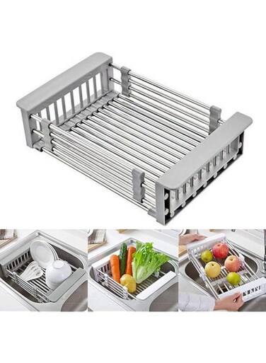 VAODO Retractable Sink Strainer Drain, Stainless Steel Dish Drainer, Telescopic Drain Basket with Adjustable Armrest, Kitchen Sink Organizer - Grey