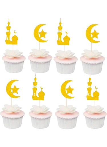 Ramadan Kareem Cupcake Toppers, Gold Glitter Baking Decorating Muffins Desserts Sweets Fruits Iftar Party Supplies Table Setting Moon Star Design