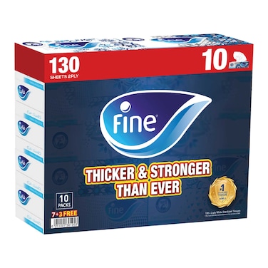 Fine Facial Tissue Boxes, 10 Packs of 130 Sheets x 2 Ply
