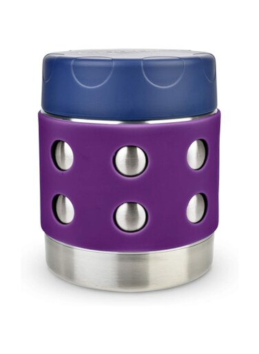 LunchBots Thermal 8 oz Triple Insulated Food Container - Hot 6 Hours or Cold 12 Hours - Leak Proof Thermos Soup Jar - All Stainless Interior - Navy Lid - Purple Dots