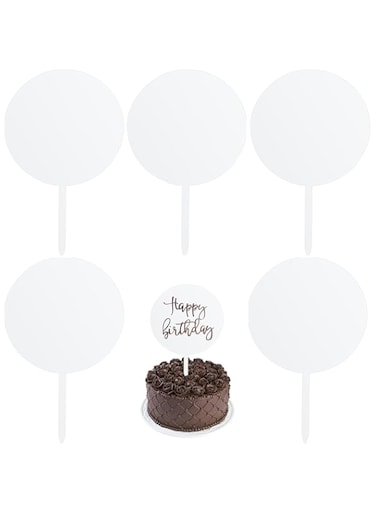 VEGCOO 5 Pcs Blank Acrylic Cake Toppers, Round Cupcake Toppers, Blank Cake Topper Sticks for Birthday Party Cake Wedding Decoration Kits for DIY Acrylic Cake Topper