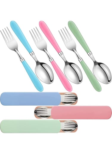ELECDON Kids Utensils Stainless Steel Fork and Spoon Set Child Stainless Steel Flatware Set with Silicone Round Handle Safe Cutlery Set with Travel Cases(3 Sets)