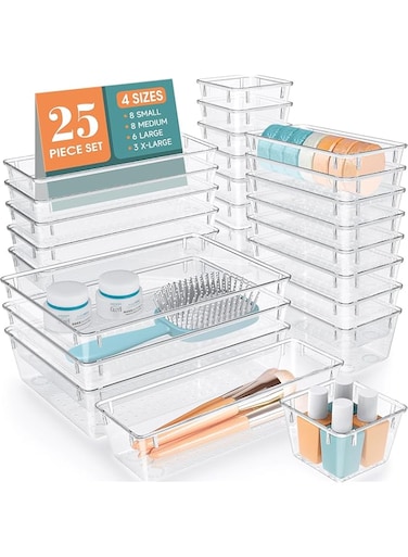 Clear Plastic Drawer Organizer Set 25 Pcs, 4 Sizes Desk Drawer Divider Organizers and Storage Bins for Makeup, Jewelry, Gadgets for Kitchen, Bedroom, Bathroom, Office