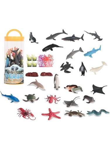 20 Pcs Ocean Animal Figurines - Plastic Mini Sea Animal Toys - Sharks, Dolphins, Penguins, Turtles, Crabs, Starfish &amp; Mor,Child Educational Party Cake Cupcake Topper for Kids and Toddlers 3 Years +