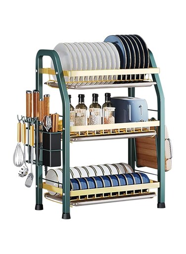 DAYONG 3 Tier Dish Drying Rack with Drainboard, Dish Dryer Rack with Detachable Utensil &amp; Cutting Board Holder, Large Capacity Dish Storage Organizer Stand For Kitchen Counter (Green And Gold)