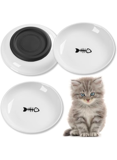 Incisae Cat Food Bowls, Whisker Friendly Ceramic Cat Bowls with Nonslip Silicone Bottom, Pack of 3 Quiet Cat Dishes and Plates for Feeding Indoor Cats, Kittens and Small Dogs