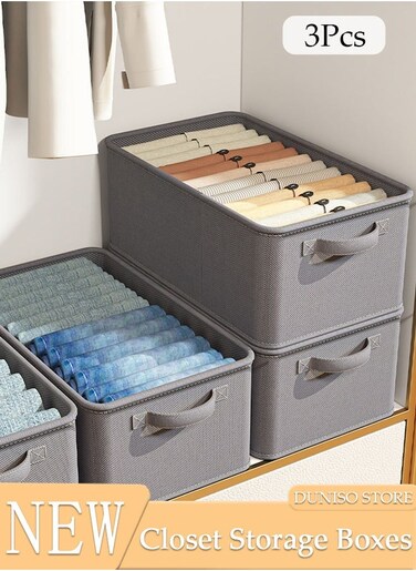 3pcs Closet Storage Box with Handle, Foldable Cube Storage Bins Sturdy Closet Organizer System for Clothing, Jeans, Toys, Books, Shelves, Closet, Wardrobe
