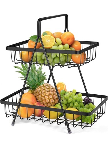Premium 2-Tier Stainless Steel Fruit &amp; Vegetable Basket   Space-Saving Kitchen Countertop Organizer for Fruits, Veggies &amp; Snacks   Black