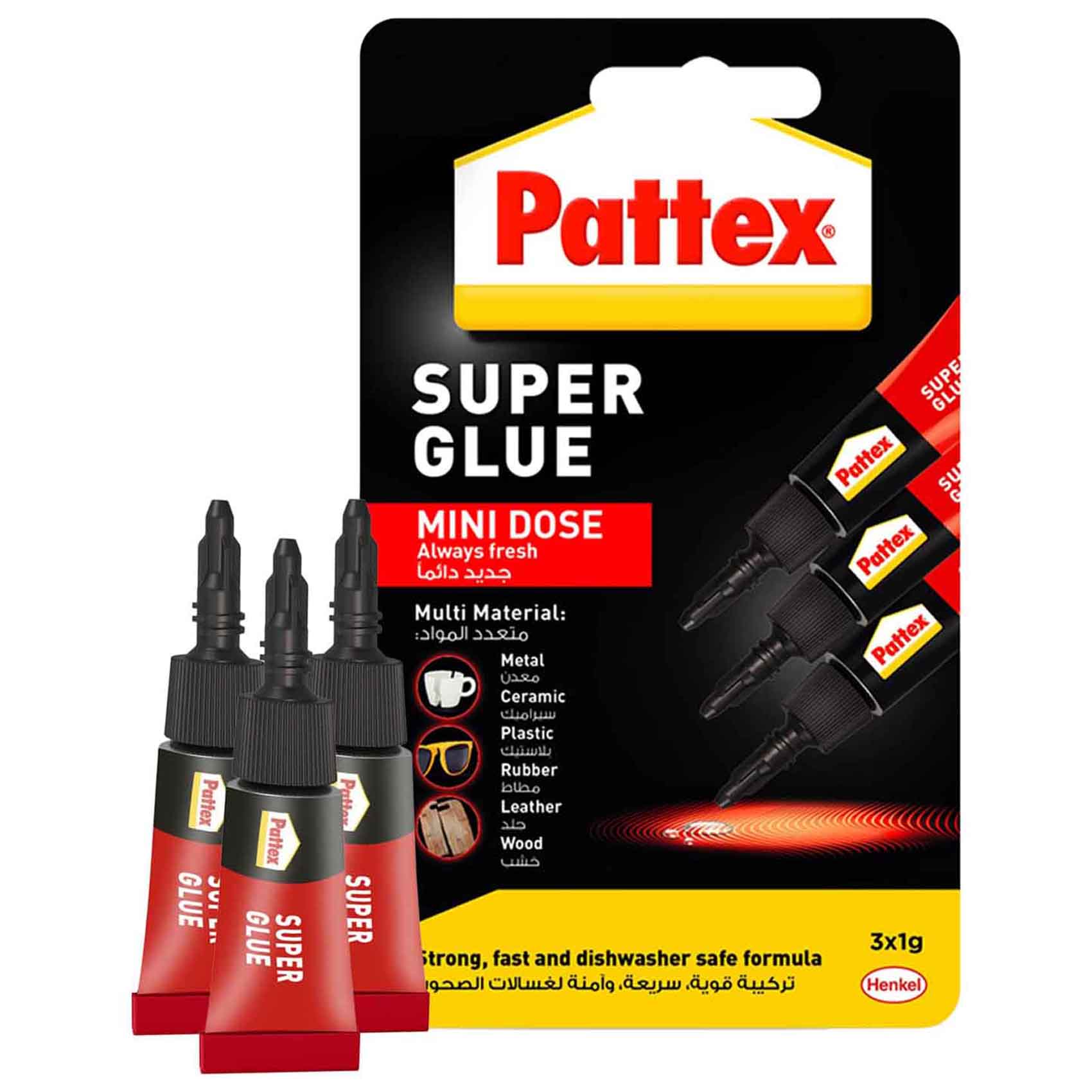 Pattex Super Glue Mini Dose - 3x1g All Purpose Clear Adhesive with Anti-Clog Cap Instant Grip Invisible Repair