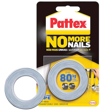 Pattex No More Nails Mounting Tape   19mm x 1.5m   Heavy Duty Double-Sided Foam Tape   Holding Capacity: Upto 80kg/ Roll