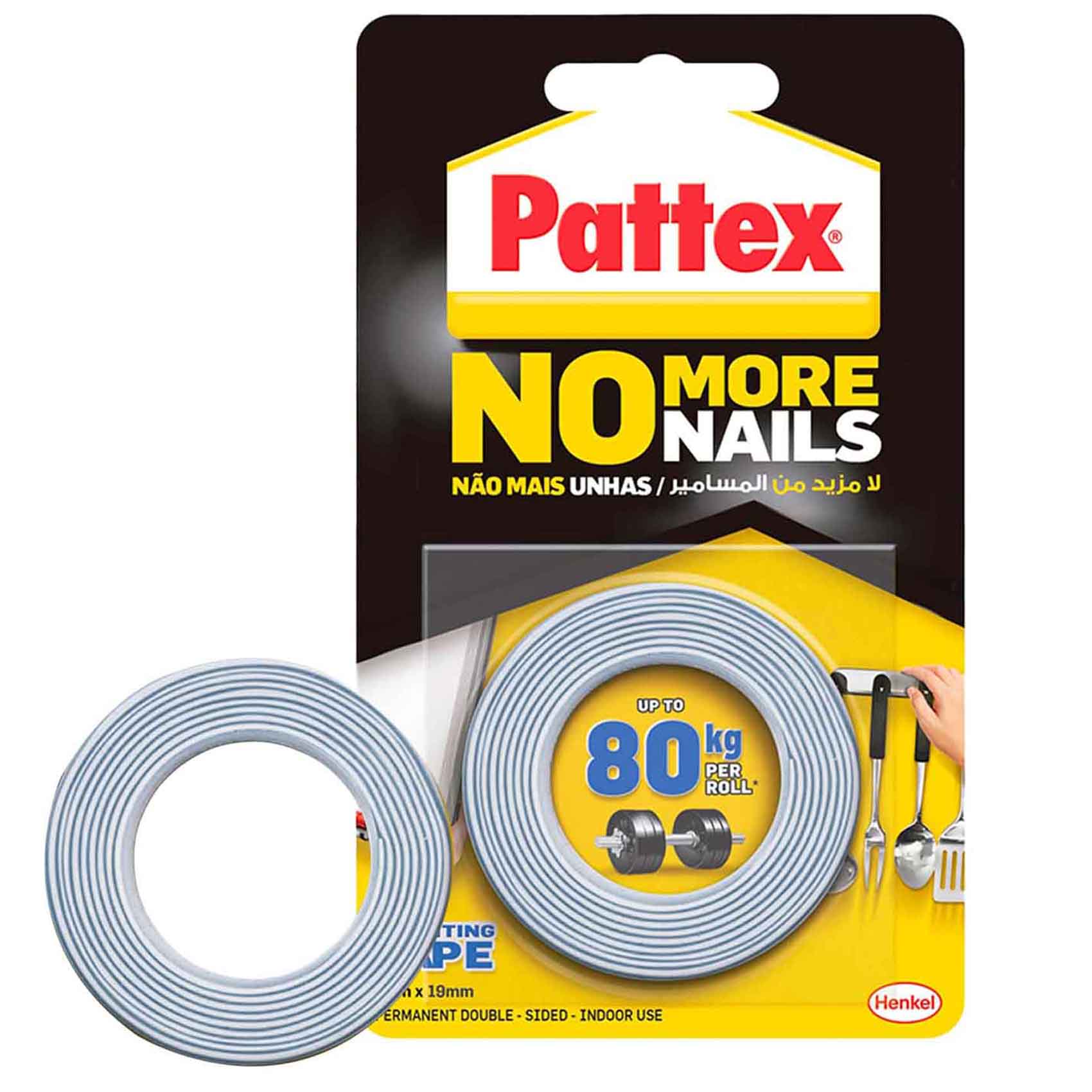 Pattex No More Nails Mounting Tape 19mm x 1.5m Heavy Duty Double-Sided Foam Tape Holding Capacity: Upto 80kg/ Roll