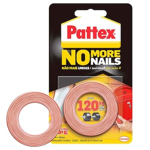 Pattex No More Nails Mounting Tape 19mm x 1.5m Roll Double-Sided Foam Tape Holding Capacity: Upto 120kg/ Roll