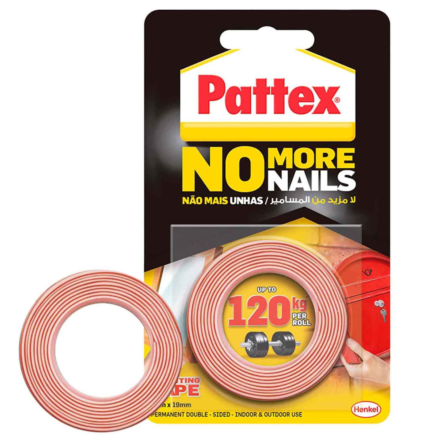 Pattex No More Nails Mounting Tape 19mm x 1.5m Roll Double-Sided Foam Tape Holding Capacity: Upto 120kg/ Roll