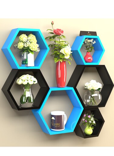 Wooden Twist Hexagonal Shape Wooden Floating Wall Shelves (Set of 6)