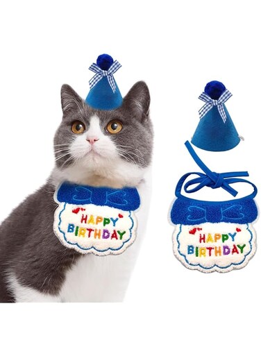 ShabeEat Cat Dog Birthday Bandana Scarf and Party Hat Mini Doggy Cat Birthday Bib Pet Birthday Outfit Cat Birthday Party Supplies - Royal Blue