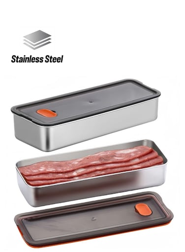 Container for Refrigerator,2PCS Storage Containers with Lids Airtight,304 Stainless Steel Airtight Deli Meat Storage Containers for Fridge, Long Kitchen Food Storage Container