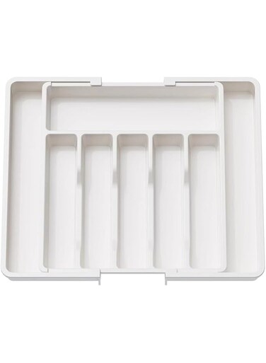 Beauenty Expandable Silverware Drawer Organizer, Adjustable Utensil &amp; Cutlery Tray, Large Capacity Kitchen Flatware Organizer for Spoons, Forks, Knives (White)