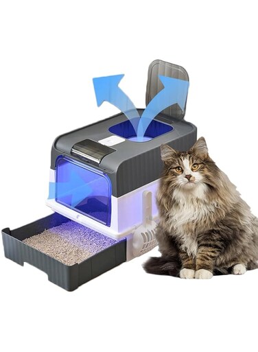UV Extra Enclosed Cat Litter Boxes, Foldable Litter Box with Lid &amp; Deodorizing Cabin, Large Space Litter Box with Ultraviolet Germicidal Lamp, Closed Smell Proof Anti-Splashing, Litter Box with Scoop