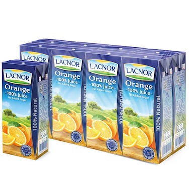 Lacnor No Added Sugar Orange 100% Juice, 180ml Pack of 8