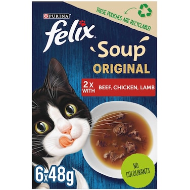 Purina Felix Soup Original with Beef, Chicken and Lamb Cat Wet Food, 48g Pack of 6