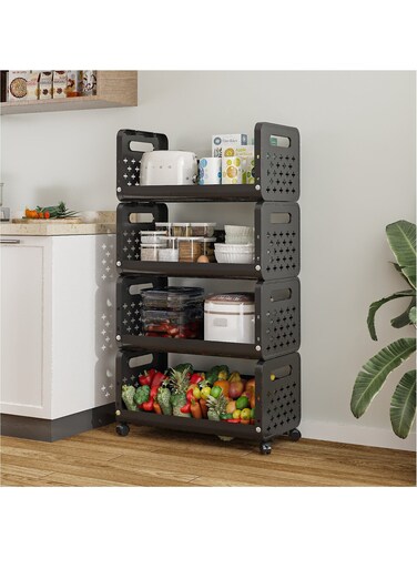 Nest 4-Tier Kitchen Storage Rack with Wheels &acirc;&euro;&ldquo; Durable Plastic Organizer with Lockable Wheels, Space-Saving Design for Fruits, Snacks, Appliances, and Household Essentials &acirc;&euro;&ldquo; Ideal for Kitchen, Pantry, Laundry, or Office